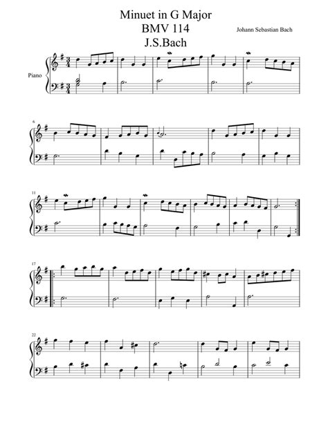 Minuet In G Major Bmv 114 Jsbach Sheet Music For Piano Solo