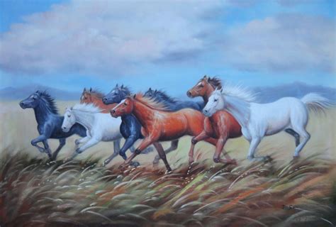 30x42 Framed Oil Painting Eight Horses Running on Meadow Field in ...