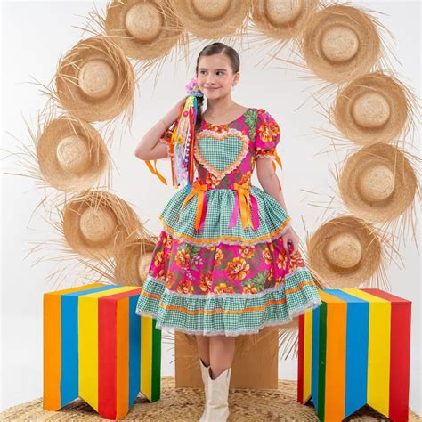 Vestido Caipira Festa Junina Infantil Xodó Floral Rosa Verde