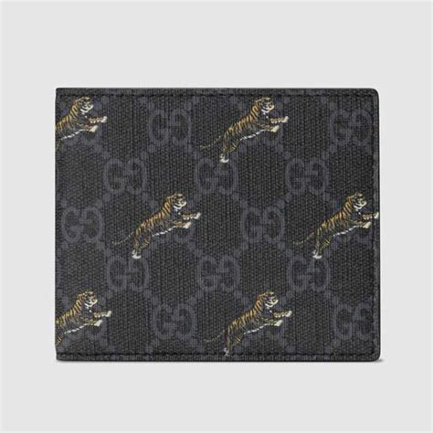 Gucci GG Men GG Wallet With Tiger Print In Black Grey GG Supreme Canvas