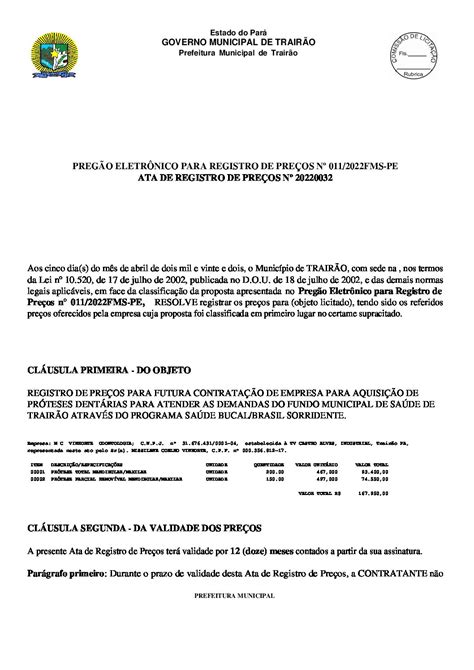 Contrato N Ata De Registro De Pre Os N Prefeitura Municipal