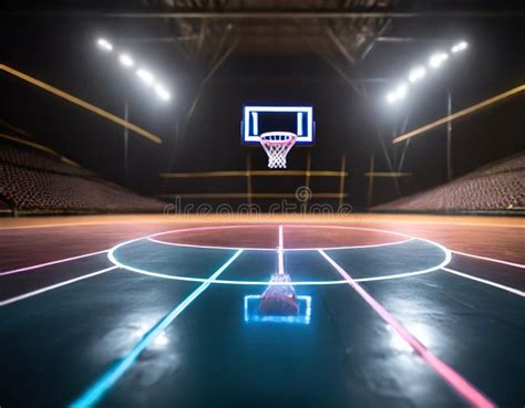 A Futuristic Neon Lit Basketball Court With Glowing Lines And Hoops In