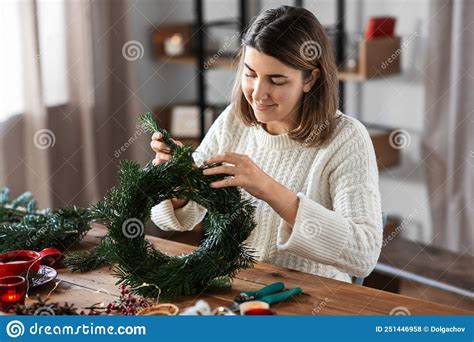 Woman Making Fir Christmas Wreath At Home Stock Photo Image Of Making