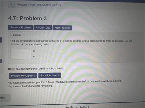 Solved Find The Dimensions Of A Rectangle With Area Chegg