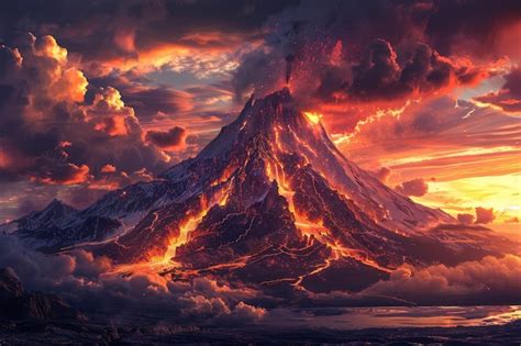 Volcano Eruption At Sunset Premium Ai Generated Image