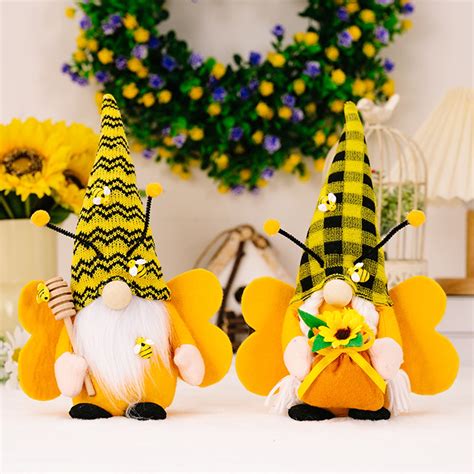 Hevirgo Bee Gnome Plush Doll With Wings Antenna Plaid Striped Hat