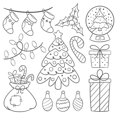 Premium Vector Christmas Icons Set In Cartoon Style Hand Drawn Coloring