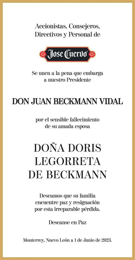 Do A Doris Legorreta De Beckmann Obituario Esquela