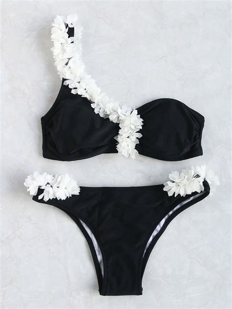 Ensemble de bikini à épaule décorée à la fleur contrastée French SheIn Sheinside