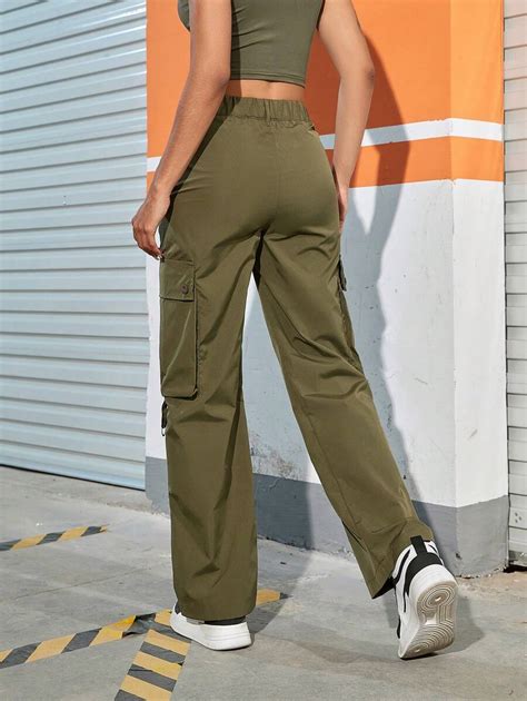 Shein Ezwear Pantalones De Carga Rectos Holgados Con Personalidad Y