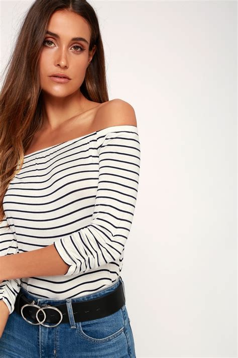 Cute Navy Blue Striped Top White Top Striped Ots Top Lulus