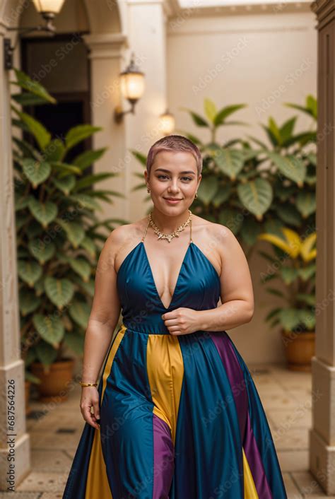 Elegant Beautiful Curvy Plus Size Woman Model In A Dress Colorful Gen