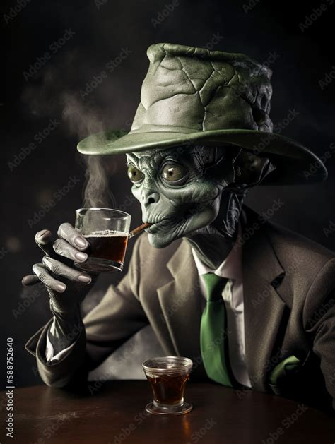 Glamorous Photo Of A Grey Roswell Alien Drinking Beer And Smoking A