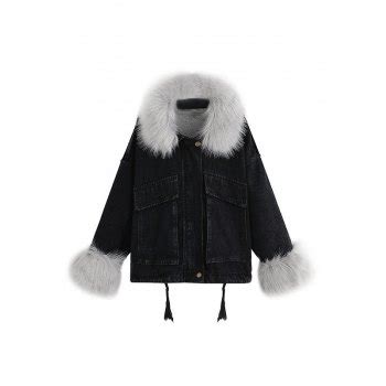 Emmiol Free Shipping 2024 Oversized Faux Shearling Denim Coat Black XL