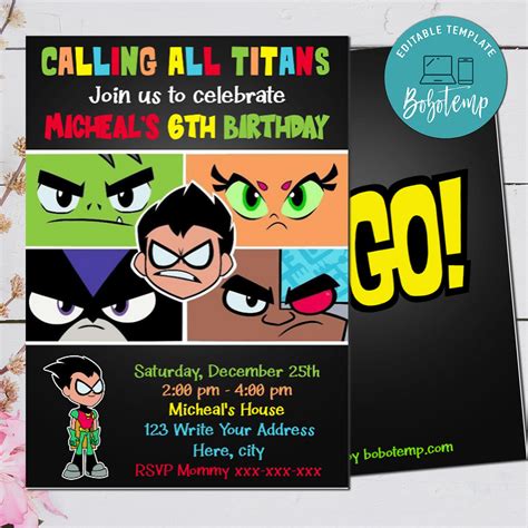 Editable Teen Titans Go Cartoon Birthday Party Invitation Diy Bobotemp