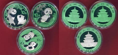 China 3 X 10 Yuan Silber Mit Farbauflage 2020 22 Panda Space Green