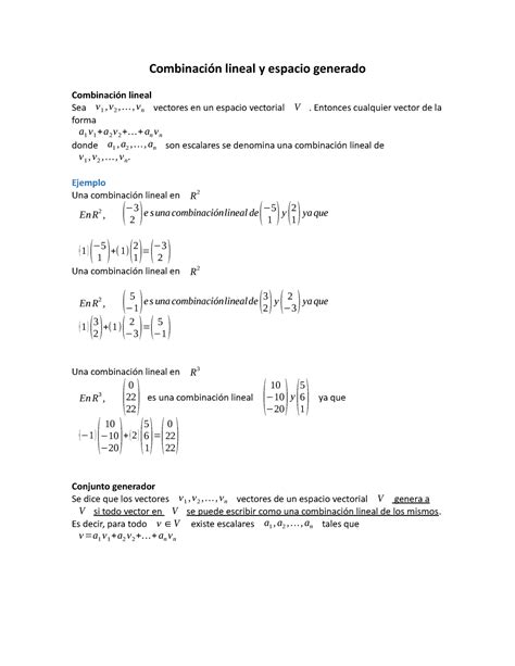 Combinación lineal y espacio generado Combinación lineal y espacio