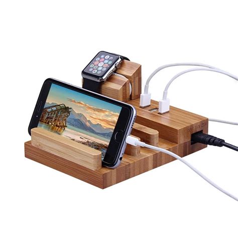 Usb Charging Ports Bamboo Wooden Charging Dock Organizer Watch