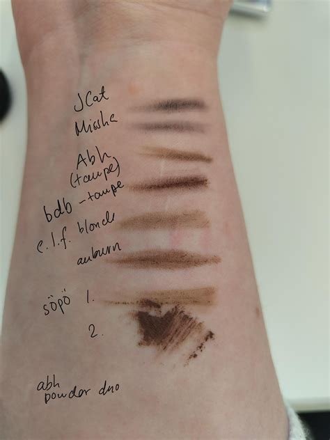 Eyebrow pencil swatches in taupe/blonde/gray/ash : r/PaleMUA