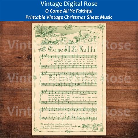 O Come All Ye Faithful Printable Vintage Christmas Hymn Carol Sheet Music Green Illustration Etsy