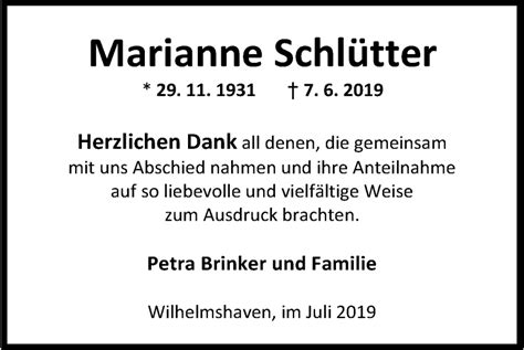 Traueranzeigen von Marianne Schlütter nordwest trauer de