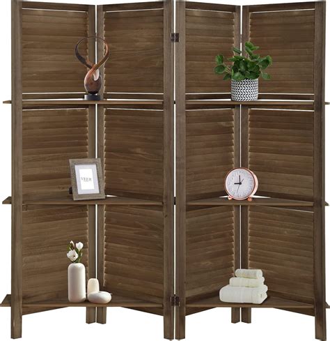 ECOMEX 4 Panel Room Divider With Shelves 5 6Ft Wood Room Dividers And