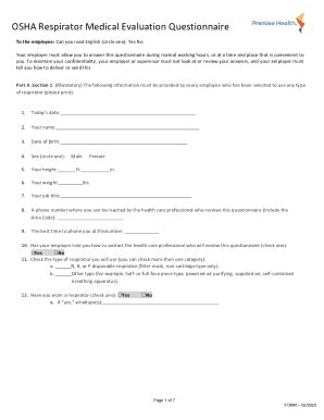 Fillable Online FORM OSHA Respirator Medical Evaluation Questionnaire