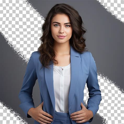 A Woman In A Blue Suit Stands In Front Of A Checkered Background