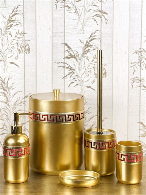 Anka Greek Key Red Gold Bathroom Accessory Set Luxury Bath Decor