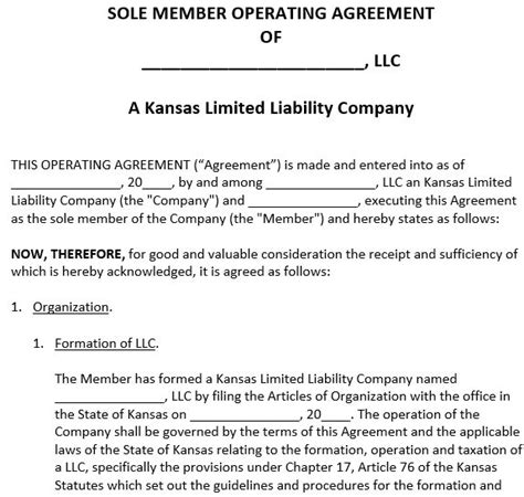 Printable Kansas Llc Operating Agreement Template Word Excel Tmp