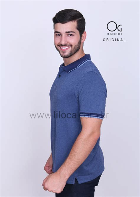 Camisa Polo Ogochi Casual Slim Azul C Detalhes