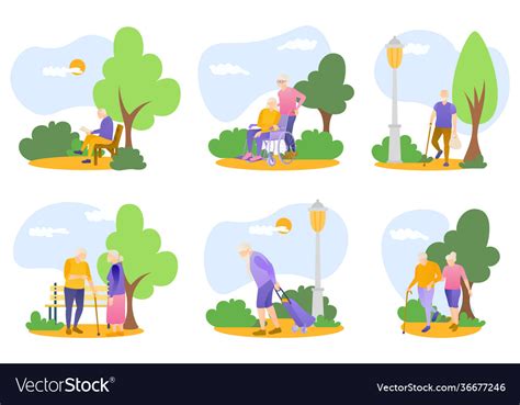 Seniors walking in summer park set Royalty Free Vector Image