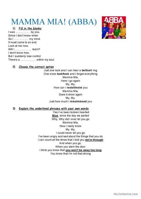 Mamma Mia Song And Nursery Rhym Deutsch Daf Arbeitsbl Tter Pdf Doc