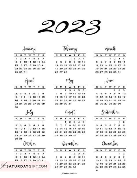 2023 Yearly Calendar Minimal One Page 2023 Calendar Printable Sunday