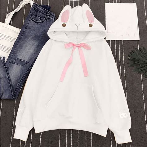 Jsaierl Women Bunny Ears Hoodie Kawaii Anime Aesthetic Cute Japanese