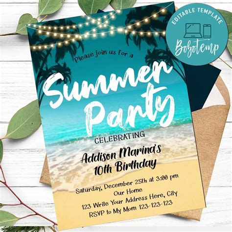 Customizable Blue Palm Tree Summer Party Invitation Template To Print