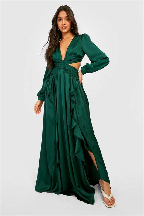 Satin Ruffle Plunge Maxi Dress Boohoo Uk