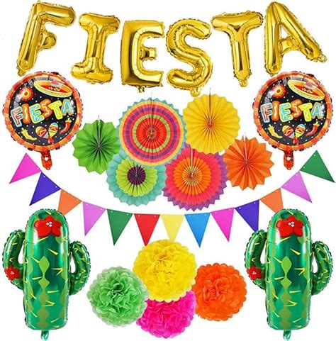 21 Pcs Fiesta Mexican Party Decoration Fiesta And Cactus Balloons Paper Fans Pom