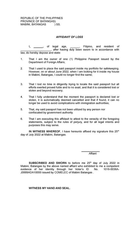 Sample Legal Forms Republic Of The Philippines Province Of Batangas