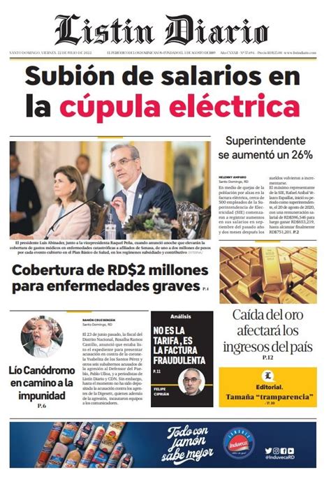 Portada Periódico Listín Diario Viernes 22 Julio 2022 Dominicana Do