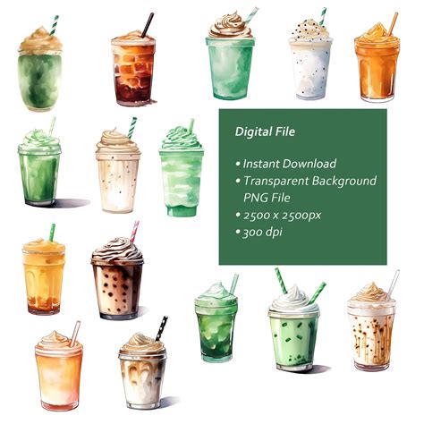 Watercolor Frappuccino Clipart Set Frappuccino Prints Beverage Clipart