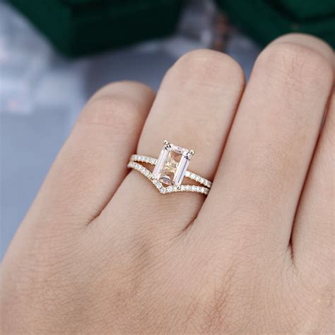 Emerald Cut Morganite And Diamond Engagement Ring Set In 14k Yellow Gold Mollyjewelryus