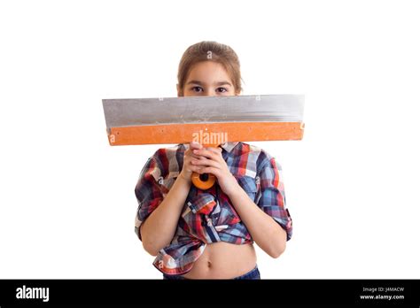 Little Girl Holding Putty Knife Stock Photo Alamy