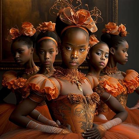 Four Black Women In Orange Dresses With Gold Jewelry And Flowers On