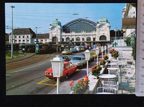 Basel Central Bahnplatz Bahnhof SBB Tram Autos Postkarte Kaufen Auf