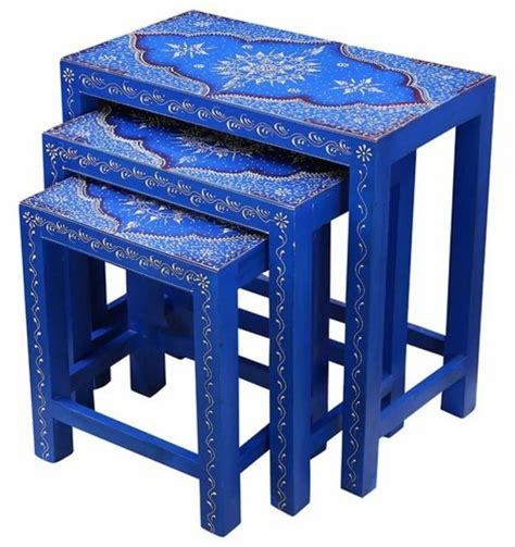 Rectangular Royal Blue Rectangle Mango Wood Side Table Set Without