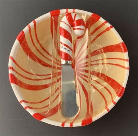 Hallmark Peppermint Candy Cane Ceramic Dish With Spreader Christmas New