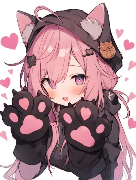 Premium Ai Image Anime Girl With Pink Hair And Black Cat Ears And Pink Gloves Generative Ai