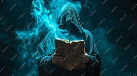 Premium Photo Fantasy No Face Witch Magician In Hood Holds In Hands Magic Book Generative Ai