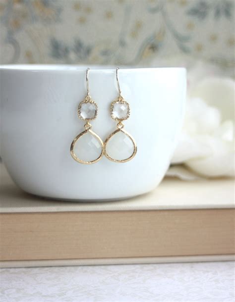 White Opal Glass Gold Framed Drop Clear Glass French Etsy